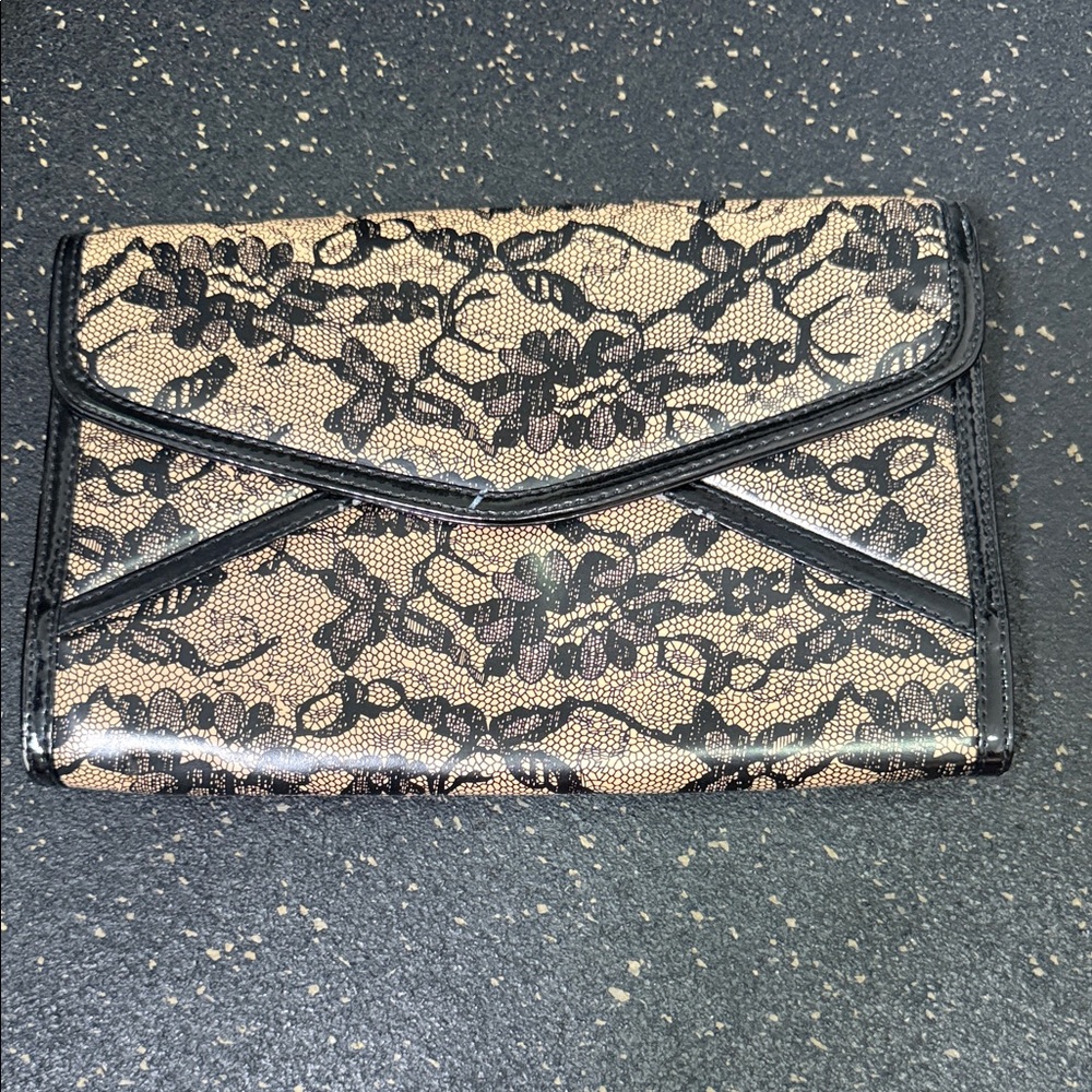 Aldo Black Lace-Overlay Envelope Clutch with Cream Base